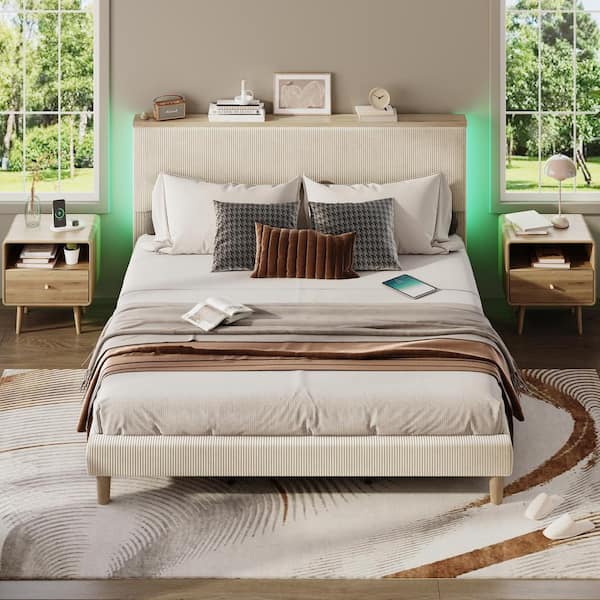Beige Wood Frame Full Size Velvet Upholstered Platform Bed Frame with Storage Headboard and LED Lights
