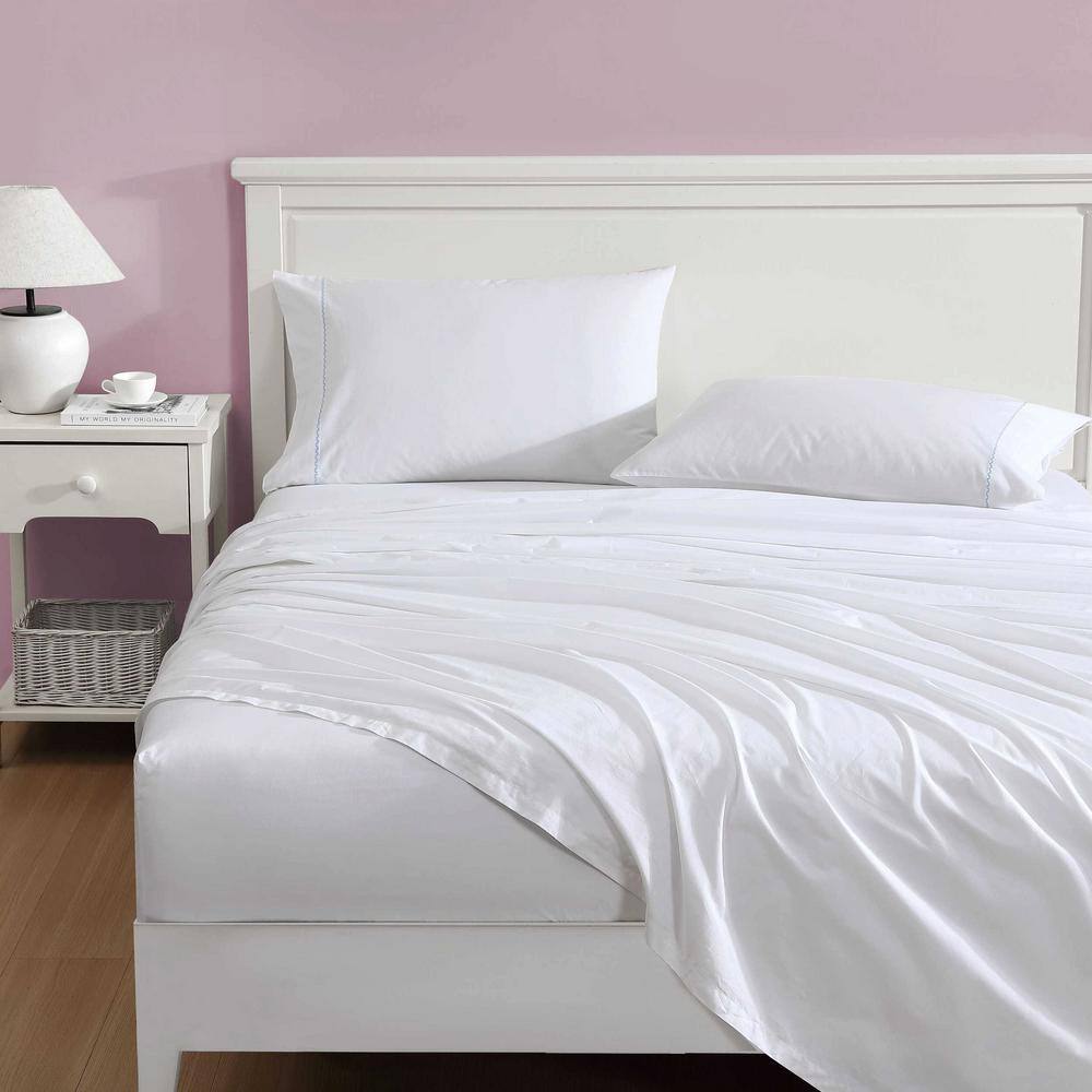 Twin Blue Cotton Percale Embroidered Sheet Set