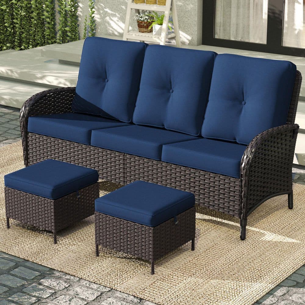 3-Piece Sofa Set Couch Patio PE Wicker 3-Seat Outdoor Furniture with Removable Ottomans Blue price history on PriceWatchPro