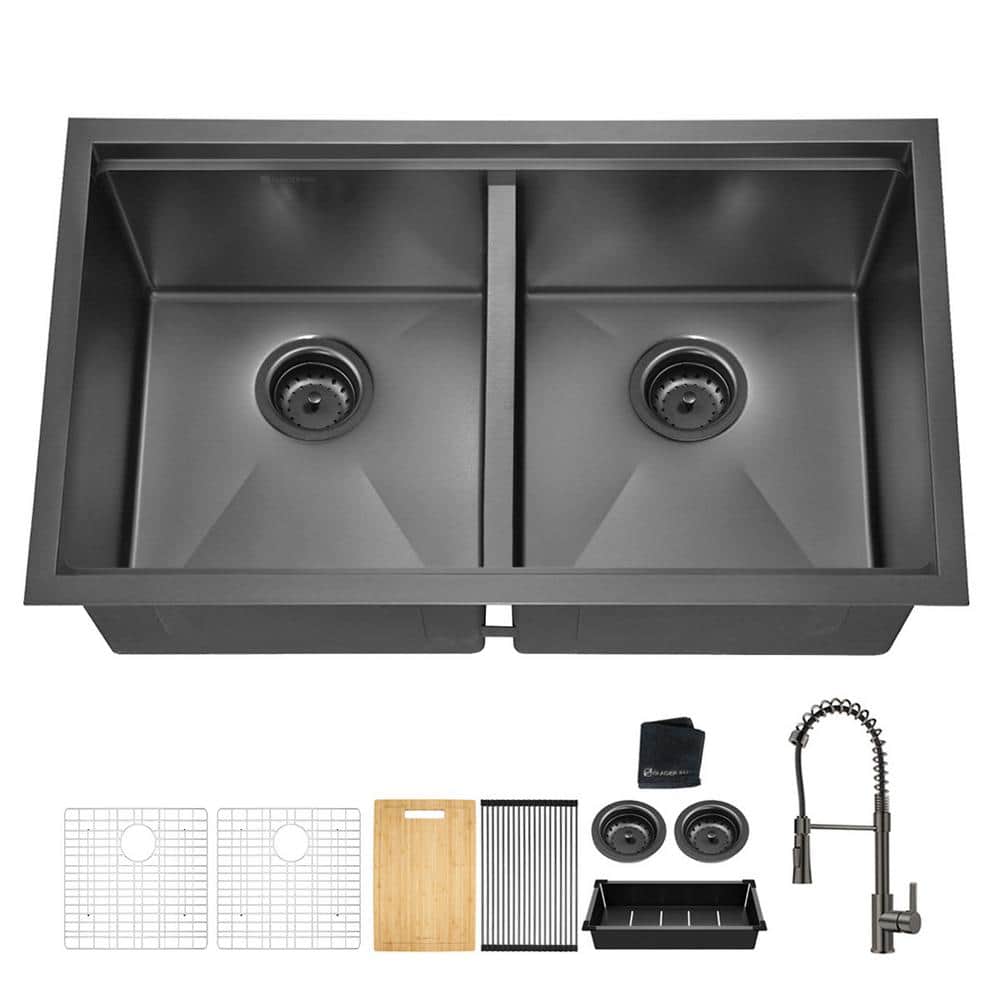 Glacier Bay 33 in. Gunmetal Black Stainless Steel Double Bowl Undermount Workstation Kitchen Sink with Black Spring Neck Faucet