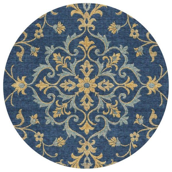 Chantille Machine Washable Indoor/Outdoor Abstract ACN2964 Navy 8 ft. x 8 ft. Round Rug
