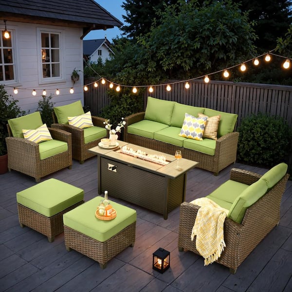 XIZZI Solidago Brown 7-Piece Wicker Patio Rectangular Fire Pit Set with Green Cushions