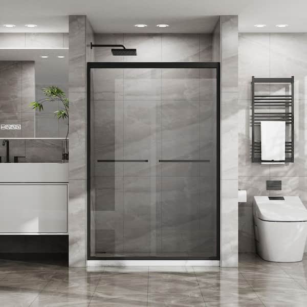 Vitrina 48 in. W x 72 in. H Double Sliding Aluminum Framed Shower Door in Matte Black Finish with Clear Tempered Glass
