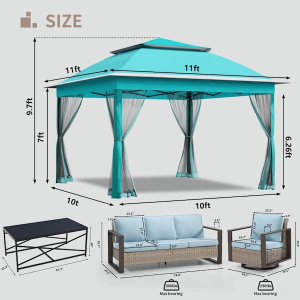 11 ft. x 11 ft. Light Blue Steel Pop-Up Gazebo with 4-Piece Wicker Outdoor Patio Conversation Set