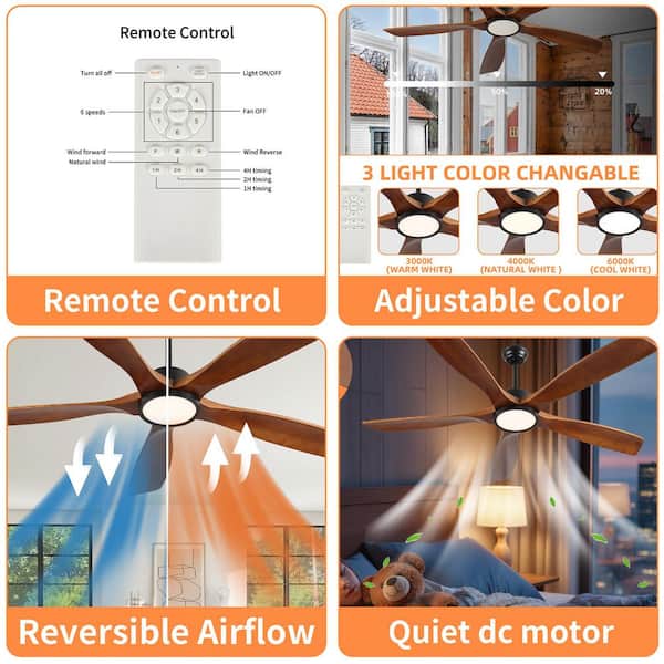 60 in. Indoor Brown Modern Ceiling Fan with LED Light with Remote Included, Downrod Mount