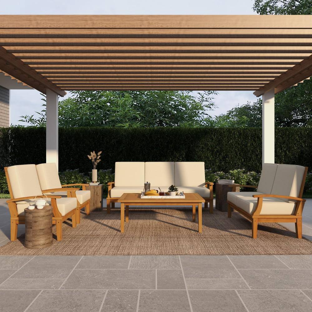 Brown Teak Wood 5-Piece Outdoor Seating Set with Cushions