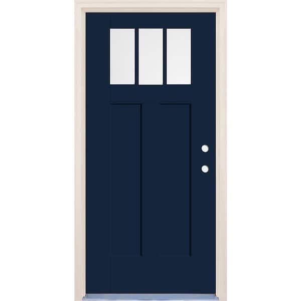 Builders Choice 36 in. x 80 in. Left-Hand 3-Lite Clear Glass Indigo Painted Fiberglass Prehung Front Door with 4-9/16 in. Frame