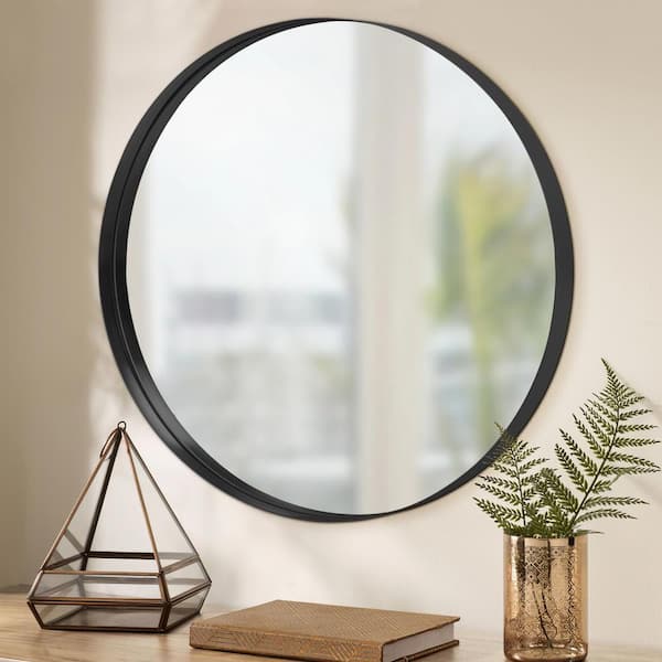 Lirago 32 in. W x 32 in. H Modern Round Metal Framed Mirror, Decorative Wall Mirror in Black