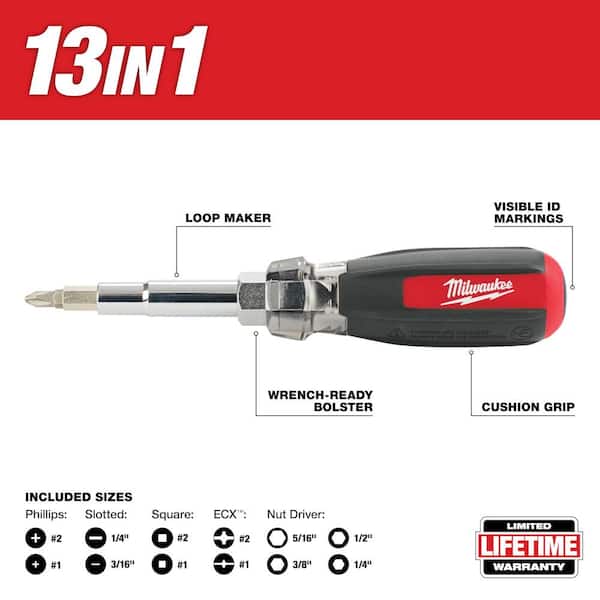Milwaukee - 13-in-1 Multi-Tip Cushion Grip Screwdriver with 11-in-1 Multi-Tip Screwdriver with Square Drive Bits (2-Pack)