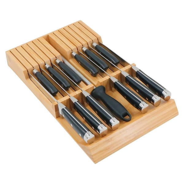 In-Drawer Bamboo Knife Block Organizer, Fits 12 Knives and 1 Sharpening Steel, Kitchen Drawer Storage