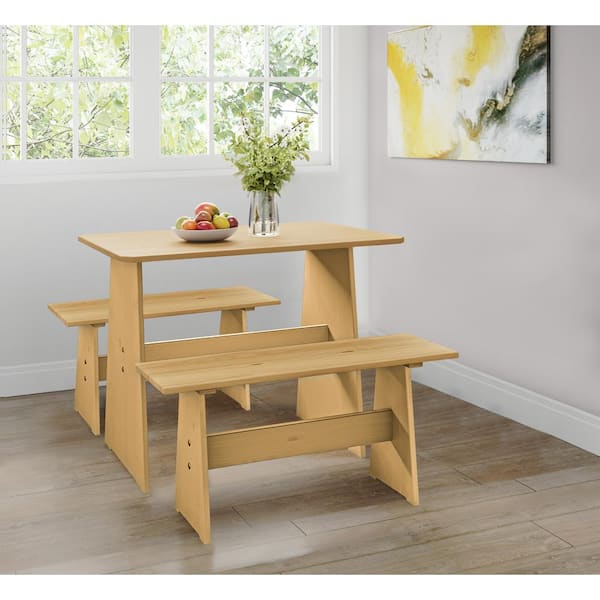 Dwell Home Inc Chapman Farmhouse 3-Piece Solid Pine Wood Dining Set with 2 Benches - Natural/Natural with Honey Finish