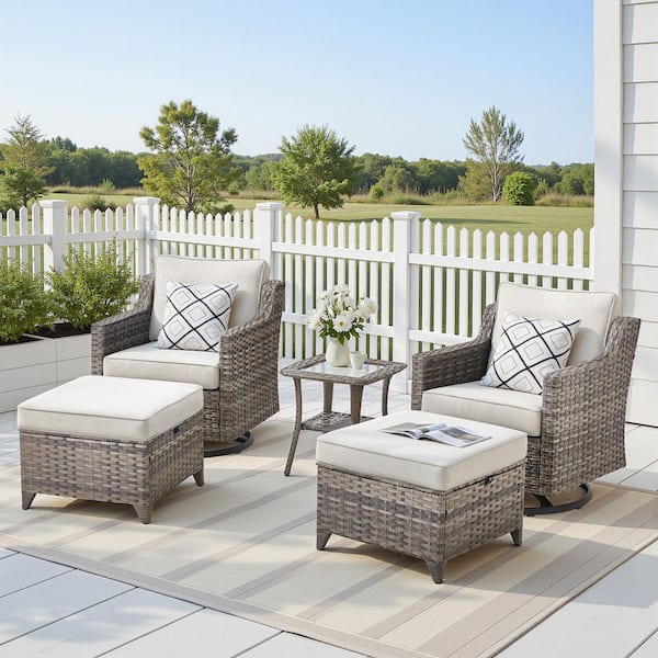 5-Piece Wicker Patio Furniture Sets with Swivel Glider Chairs, Outdoor Conversation Seating with Beige Cushions