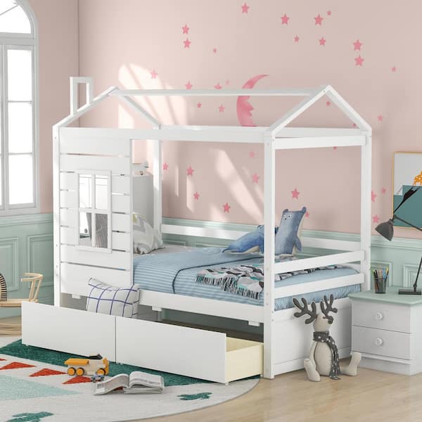 Harper & Bright Designs White Twin Size Wood House Bed with 2-Drawers ...