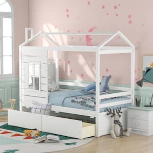 Twin Size White Wood House Canopy Bed with Drawers and Roof, Kids House Daybed Frame with Fence
