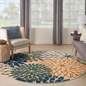 Aloha Blue Green 5 ft. x 5 ft. Floral Contemporary Round Indoor/Outdoor Area Rug