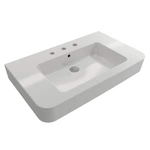 Parma Wall-Mounted White Fireclay Bathroom Sink 33.5 in. 3-Hole with Overflow
