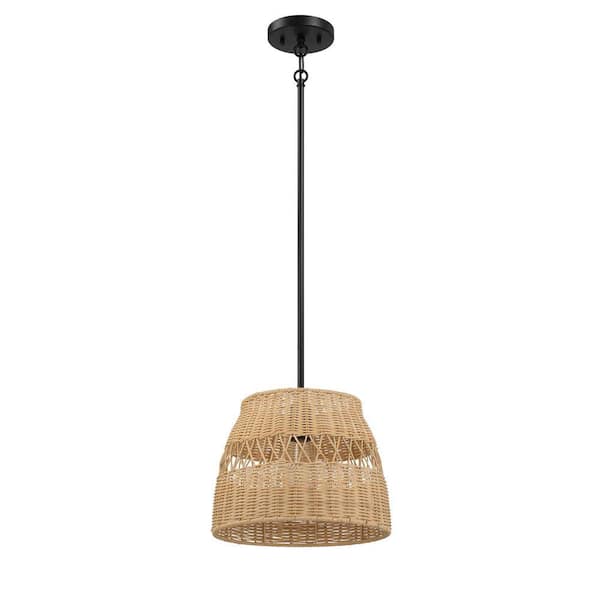 1 Light Black Drum, Bowl, Shaded Pendant Light with Rattan Shade No Bulbs Included