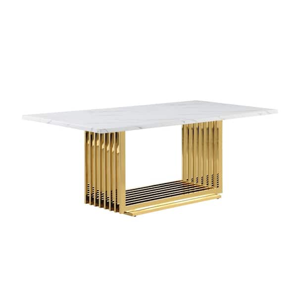 Best Quality Furniture Lisa White Marble 79 in. Double Pedestal in Dining Table Seats 8 Gold Stainless Steel Base