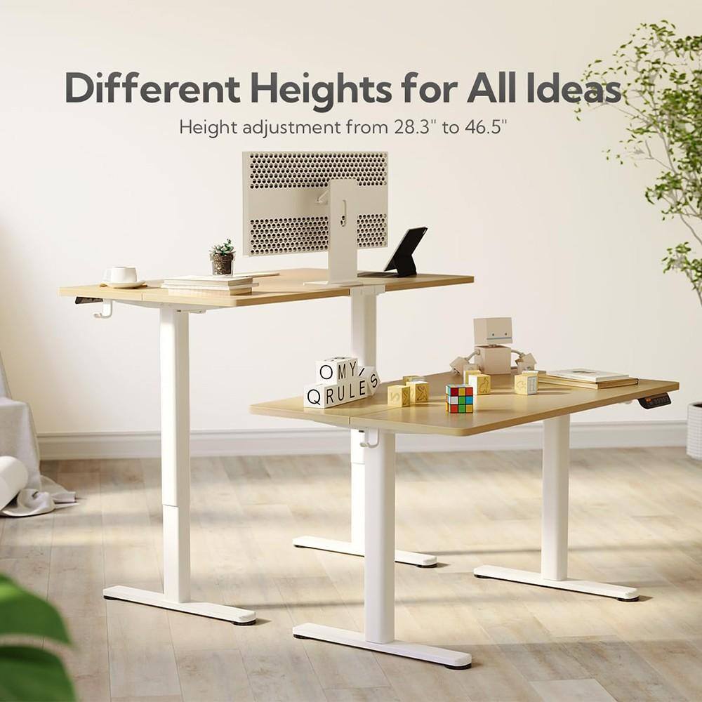 Two different height configurations of a standing desk.