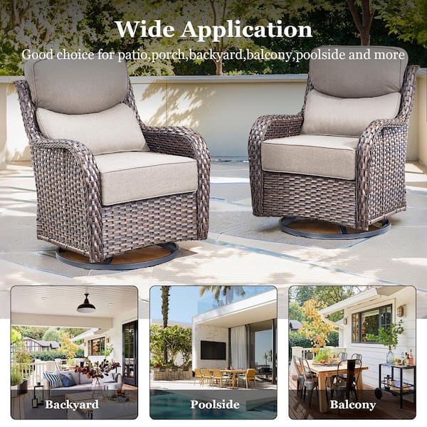 NovaSwivel Brown Wicker Patio Conversation Set Outdoor Seating Swivel Chair Set with 6 in. Thicked Beige Cushions