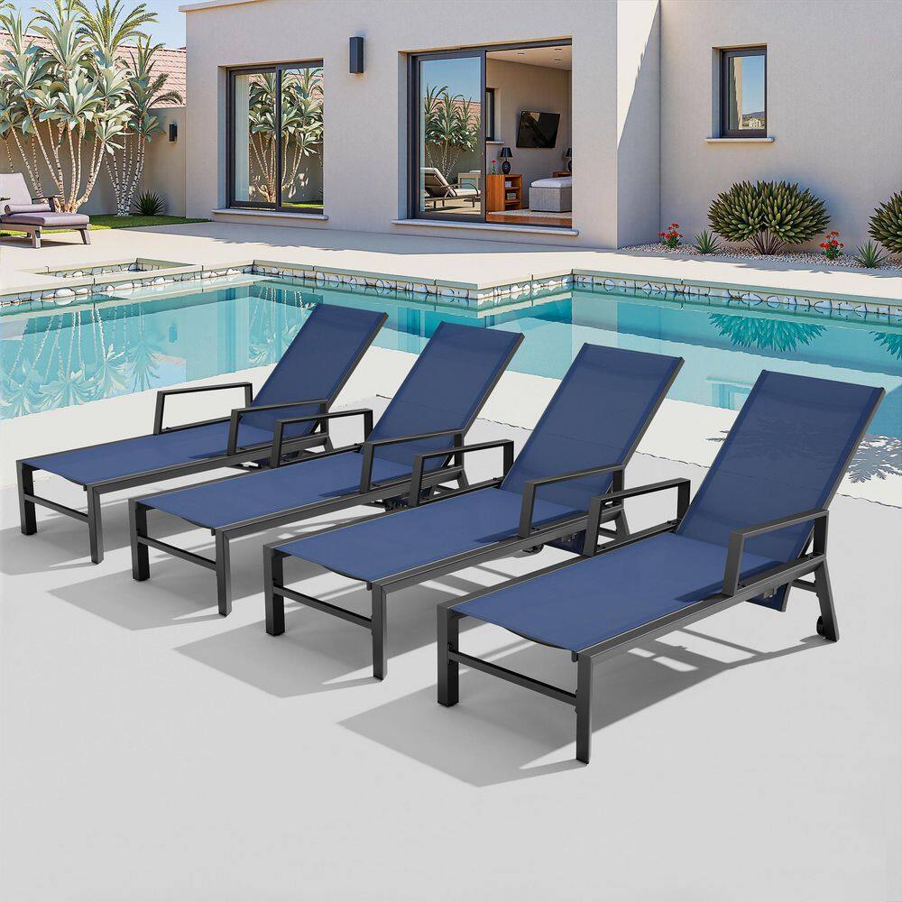 4-Piece Metal Aluminum Outdoor Chaise Lounge Chairs in Navy Blue with Adjustable Backrest, Arms and Wheels price history on PriceWatchPro