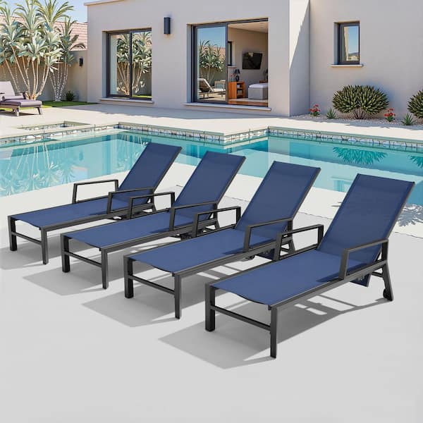 4-Piece Metal Aluminum Outdoor Chaise Lounge Chairs in Navy Blue with Adjustable Backrest, Arms and Wheels
