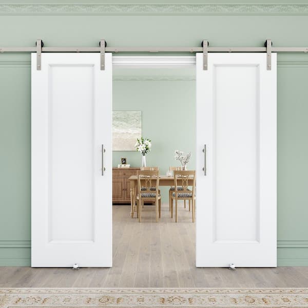 60 in. x 80 in. 1 Panel White Primed MDF Sliding Barn Door with Hardware Kit and Soft Close for Bathroom (Nickel Track)