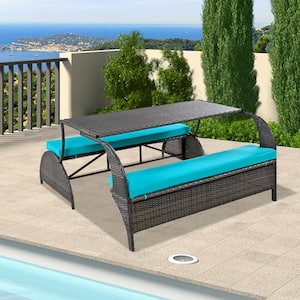 55.1 in. Blue Rectangle Wicker Picnic Table Seats 4 People Outdoor Loveseat Convertible Suitable for Gardens and Lawns