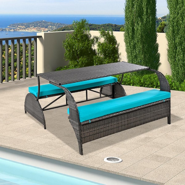 Unbranded 55.1 in. Blue Rectangle Wicker Picnic Table Seats 4 People Outdoor Loveseat Convertible Suitable for Gardens and Lawns