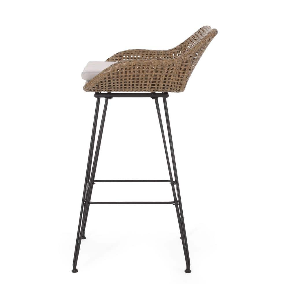Transitional Light Brown Iron Bar Chair with Beige Cushion, Set of 2