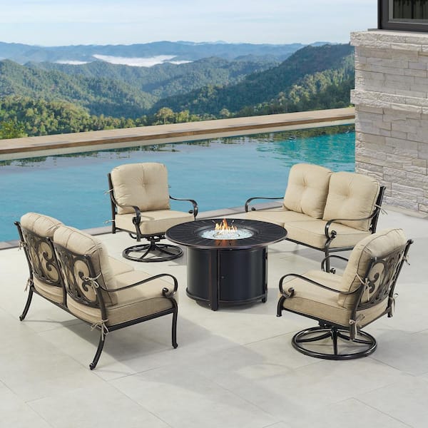 Oakland Living Black Aluminum Fire Table Set with 2-Loveseats and 2-Club Chairs