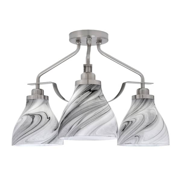 Unbranded Zara 16.75 in. 3-Light Brushed Nickel Semi-Flush with 6.25 in. Onyx Swirl Glass Shades No Bulbs Included