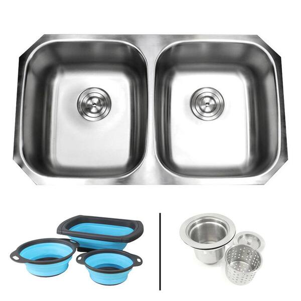 eModernDecor Undermount 16-Gauge Stainless Steel 32-1/4 in. 50/50 Double Bowl Kitchen Sink in Satin Pearl with Silicone Colanders