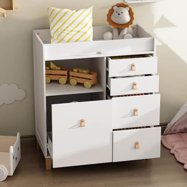 White Wood Nursery Changing Table with Recessed Top, 5-Drawers and Cabinet Storage