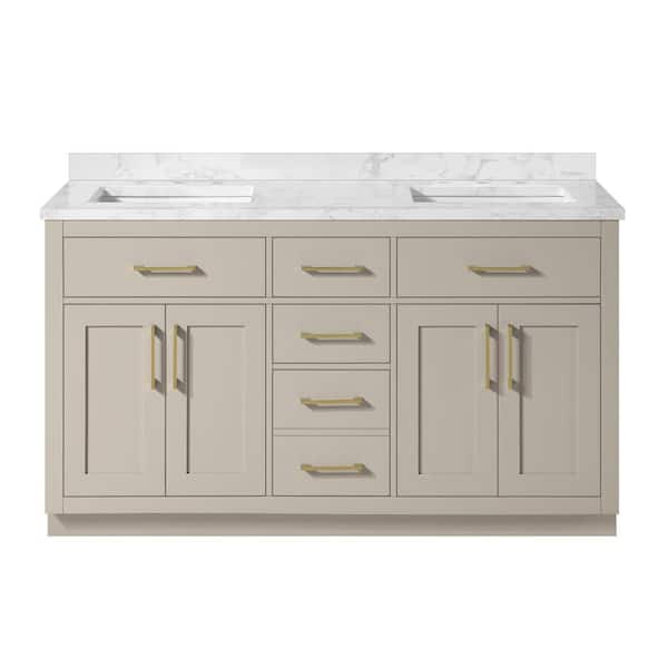 Athea 60 in. Freestanding Greige Bath Vanity with White Engineered Marble Top, Power Bar and Brushed Gold Hardware
