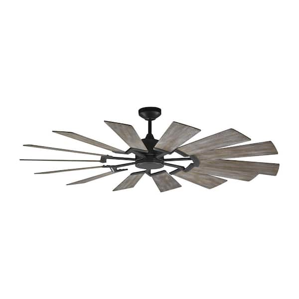 Generation Lighting - Prairie 62 in. LED Indoor/Outdoor Aged Pewter Ceiling Fan with Light Grey Weathered Oak Blades, Light Kit and Remote