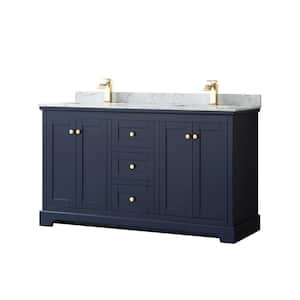 Avery 60 in. W x 22 in. D Bathroom Vanity in Dark Blue with Marble Vanity Top in White Carrara with White Basins