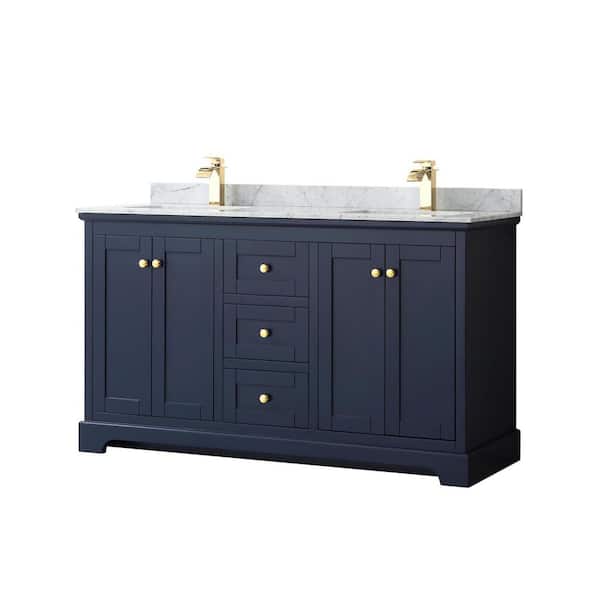 Wyndham Collection Avery 60 in. W x 22 in. D Bathroom Vanity in Dark Blue with Marble Vanity Top in White Carrara with White Basins