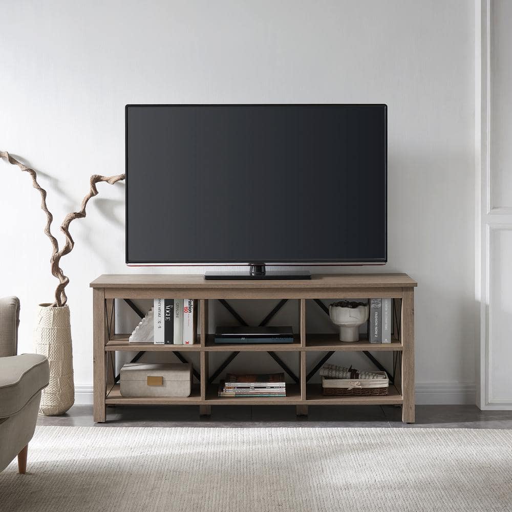 Antiqued Gray Oak 58" TV Stand with Metal Frame