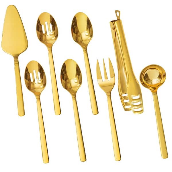 8-Piece Large Hostess Serving Utensils Set, Stainless Steel Heavy Duty Serving Utensils for Buffet, Wedding, Party, Gold