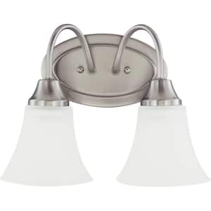 Holman 11.75 in. 2-Light Brushed Nickel Traditional Classic Bathroom Vanity Light with Satin Etched Glass Shades