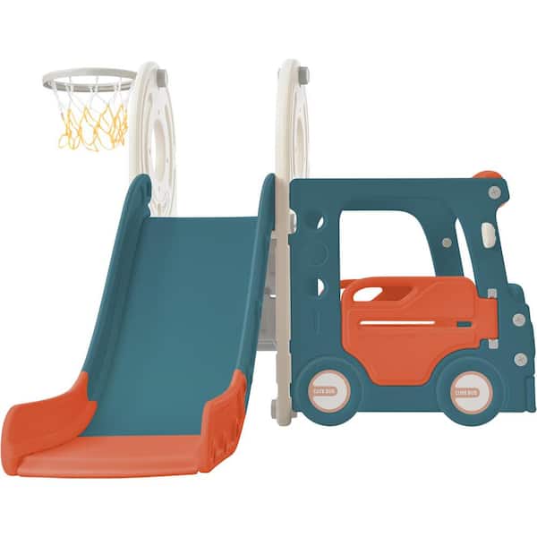 Misopily Kids Slide with Bus Play Structure Freestanding for Toddlers and with Basketball Hoop, Red