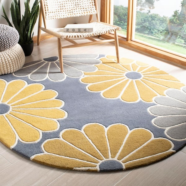 Soho 6 ft. x 6 ft. Gray/Yellow Floral Round Rug