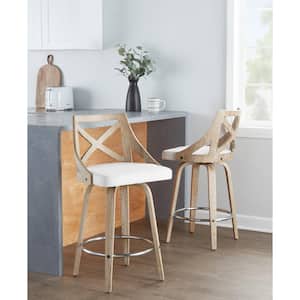 Charlotte 25.5 in. Cream Fabric, White Wash Wood and Chrome Metal High Back Counter Stool Round Footrest (Set of 2)