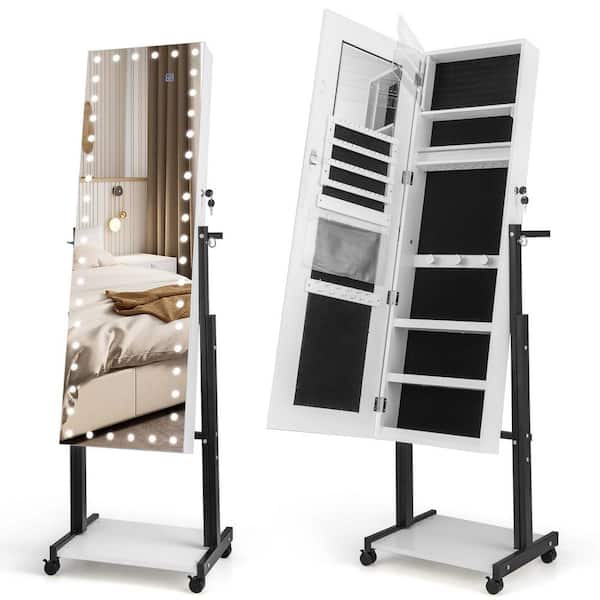 Costway White MDF Jewelry Cabinet Armoire Mirror 3-Color 46 LED Lights, Adjustable Height, Wheels
