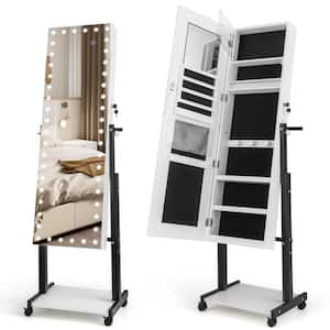 White MDF Jewelry Cabinet Armoire Mirror 3-Color 46 LED Lights, Adjustable Height, Wheels