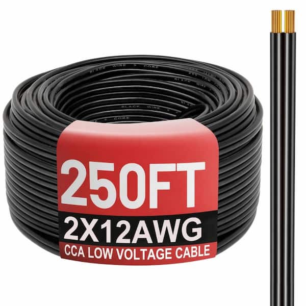 12 AWG 2 Conductor 250 Ft Low Voltage Electrical Wire CCA PVC Flexible Black Cable for LED Lighting Exten