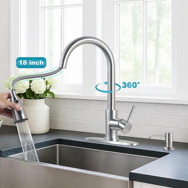 Single-Handle Pull Down Sprayer Kitchen Faucet with Soap Dispenser in Brushed Nickel