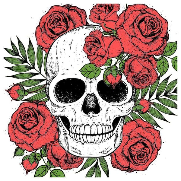 VENICE BEACH Collections Skull with Roses Around by Unknown 1 Piece Unframed Canvas Drawing Print 14 in. x 14 in.