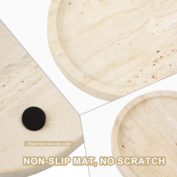 Natural Travertine Stone Round Tray - 8 Inch Beige Decorative Vanity Bowl, Anti-Slip Organizer For Bathroom & Jewelry